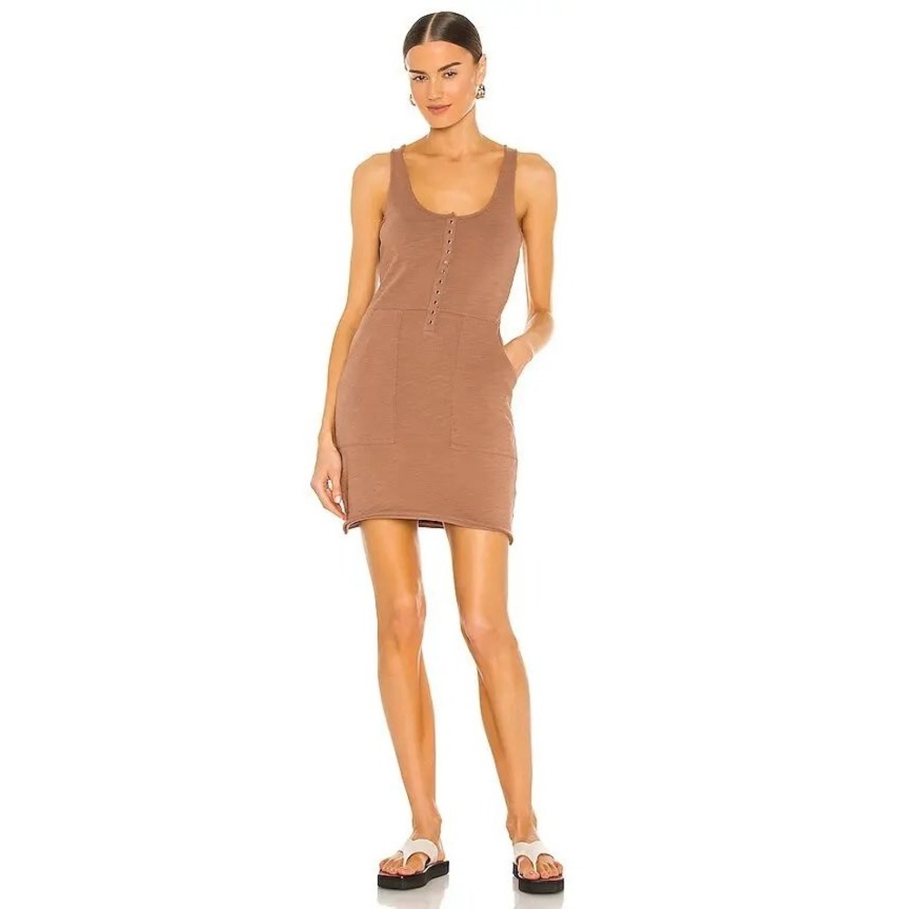 Nation LTD Brown Cotton Slub Henley Mini Dress with Pockets 5113JJR Small